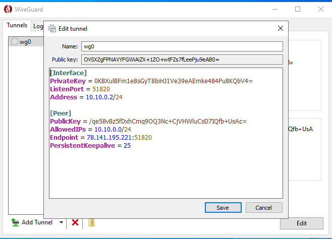 WireGuard GUI on the Oracle machine showing tunnel config with DC01 as the peer and address 10.10.0.2